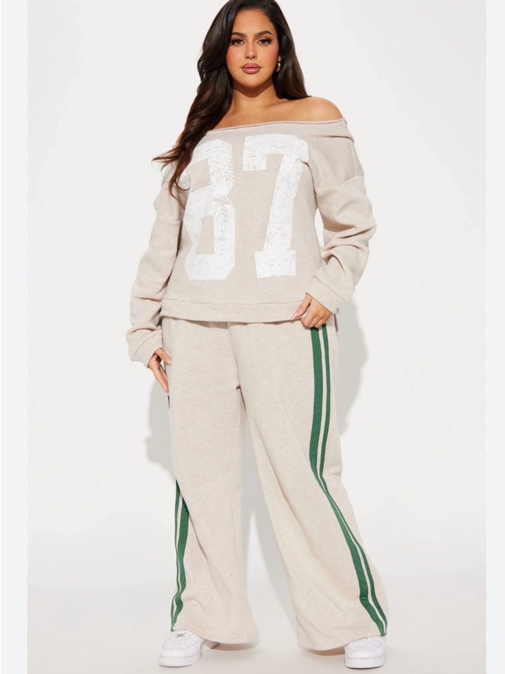 Cozy Beige Lounge Set with Green Stripes